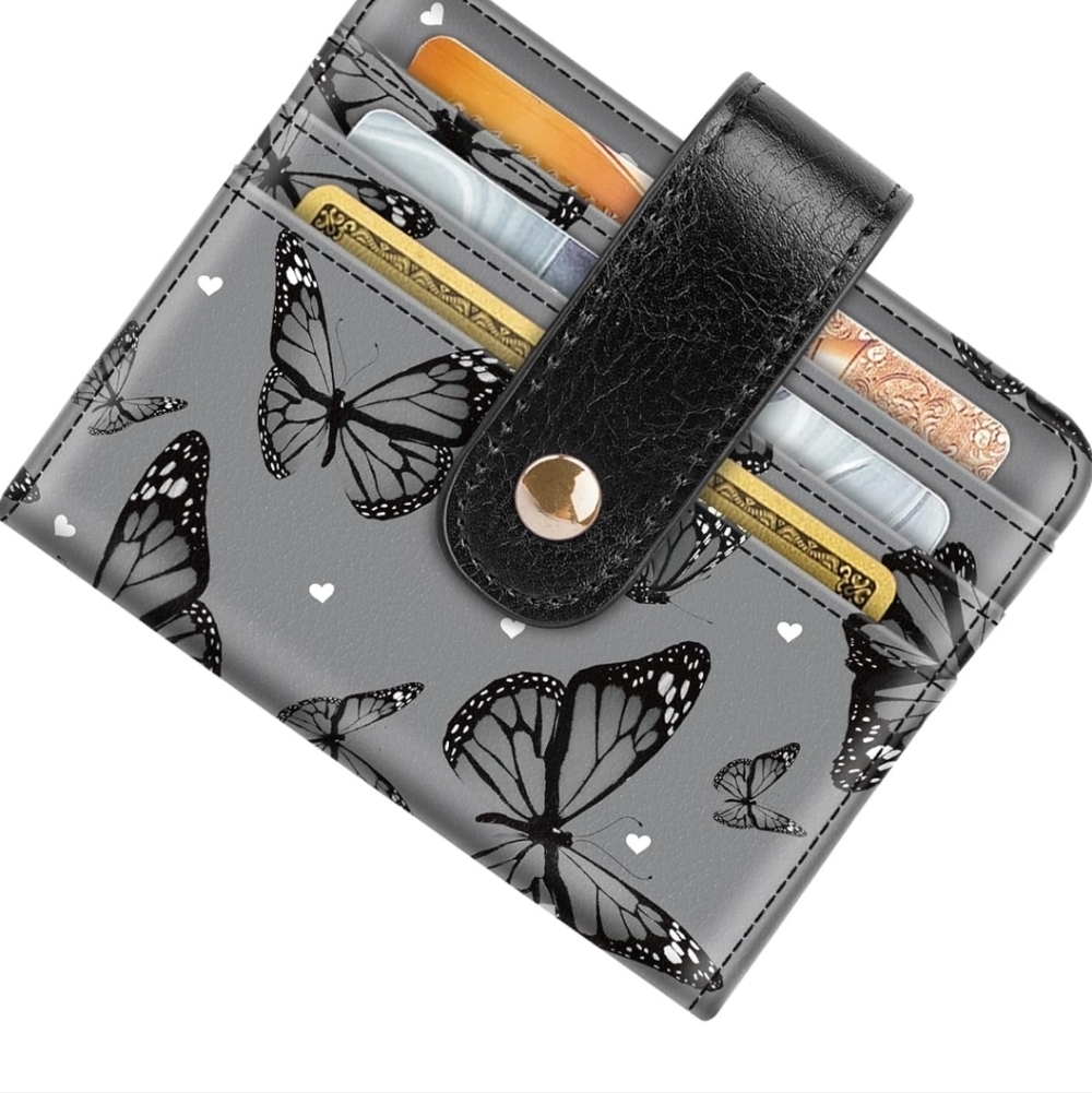 Butterfly Patterned Black and Gray Wallet